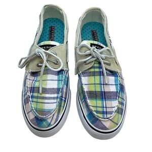 Sperry Top Sider Boat Shoes Women's Size 10 Blue Plaid Lace Up Low Skid Comfort